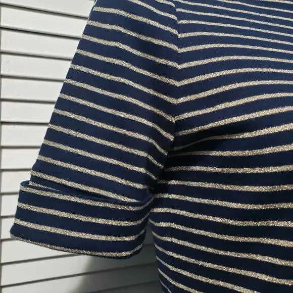 Ralph Lauren Short Sleeve Tee Women's Petite Small Black Gold Striped Knit Top - Picture 3 of 9